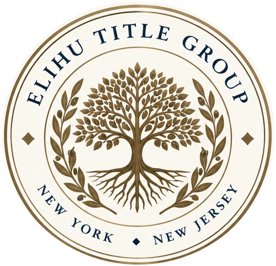 Elihu Title Group seal: a rooted tree framed by olive branches, New York and New Jersey